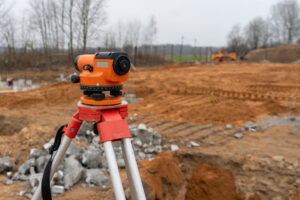 Photo of a level at the background of construction site on the street.